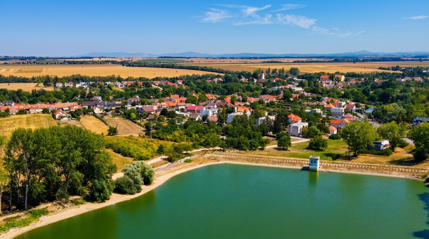 Letecký pohľad na obec Vištuk s rybníkom a poľami